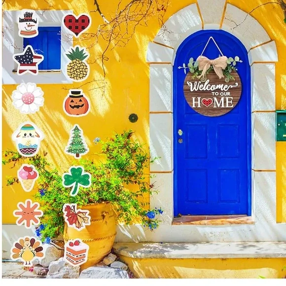 Interchangeable Welcome Sign Front Door, Seasonal Welcome Round Fall Wood Wreath - Picture 3 of 9